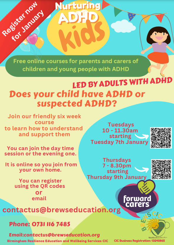 Free online courses for parents and carers of children and young people with ADHD LED BY ADULTS WITH ADHD.